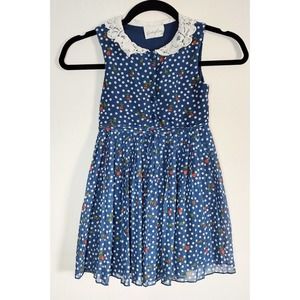 Emily Rose Girls Dress Size 5 Blue White polka dot with white lace collar